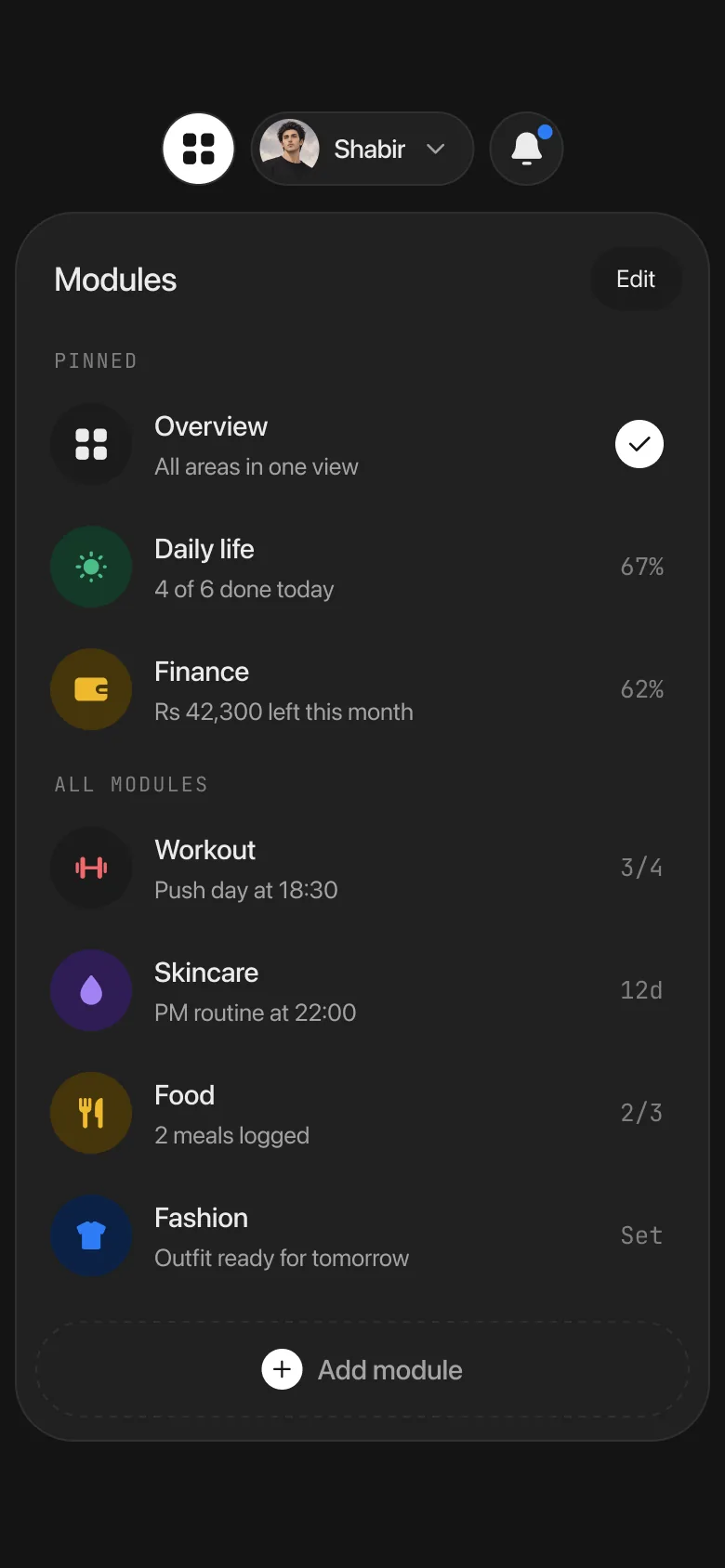 The module picker: Overview, Daily life, Finance, Workout, Skincare, Food and Fashion.